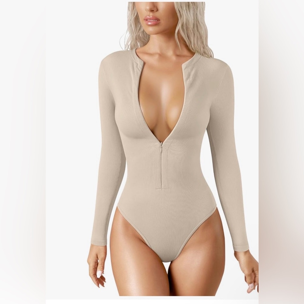 Chic Beige Zip-Up Bodysuit